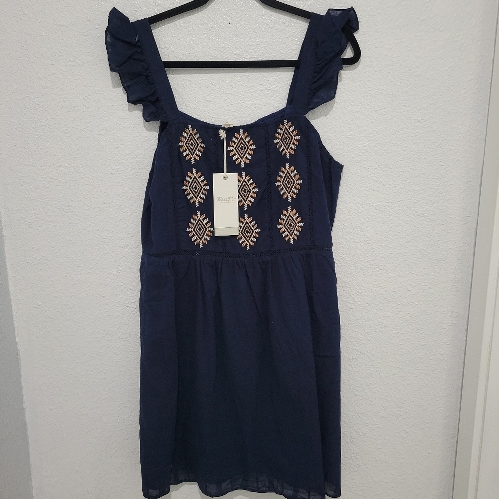MISS ME Embroidered Ruffle Trim Mini Dress,  sleeveless SZ L NWT - Picture 4 of 12